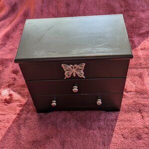 Jaing Feng dark brn/blk, wood 2 draw lift top mirror jewelry box , 9Lx 8hx5.25w